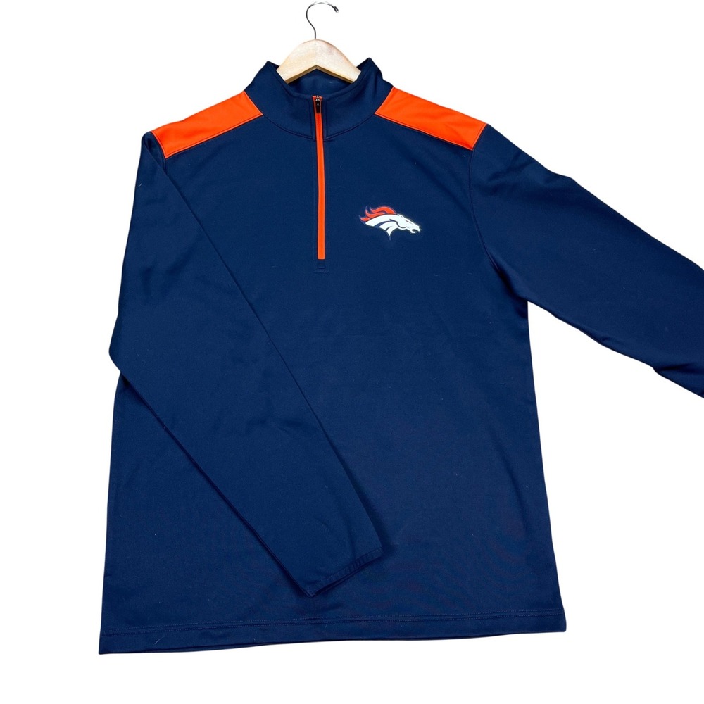 Denver Broncos NFL Pullover Men Large Navy Orange Long Sleeve Colorblock 1/4 Zip